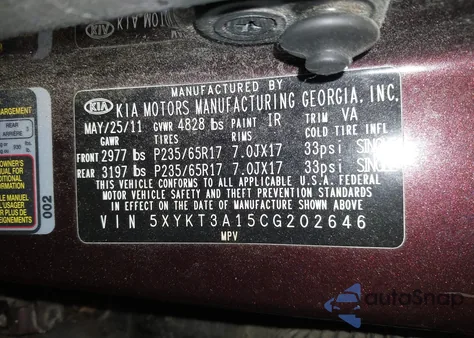 2012 Kia Sorento Lx z USA, uszkodzony, nr VIN 5XYKT3A15CG202646